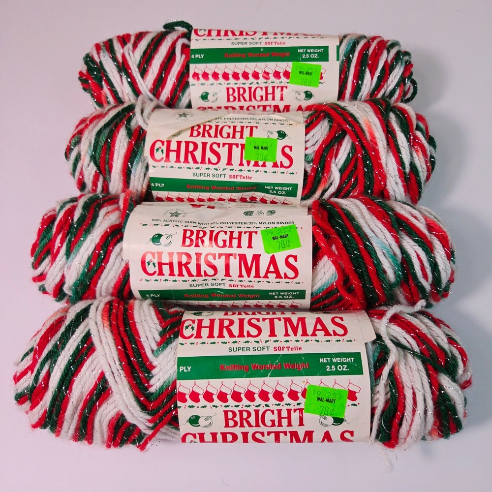 Vintage Bright Christmas Yarn Lot 4 Red Green White Silver Metallic Worsted 10oz